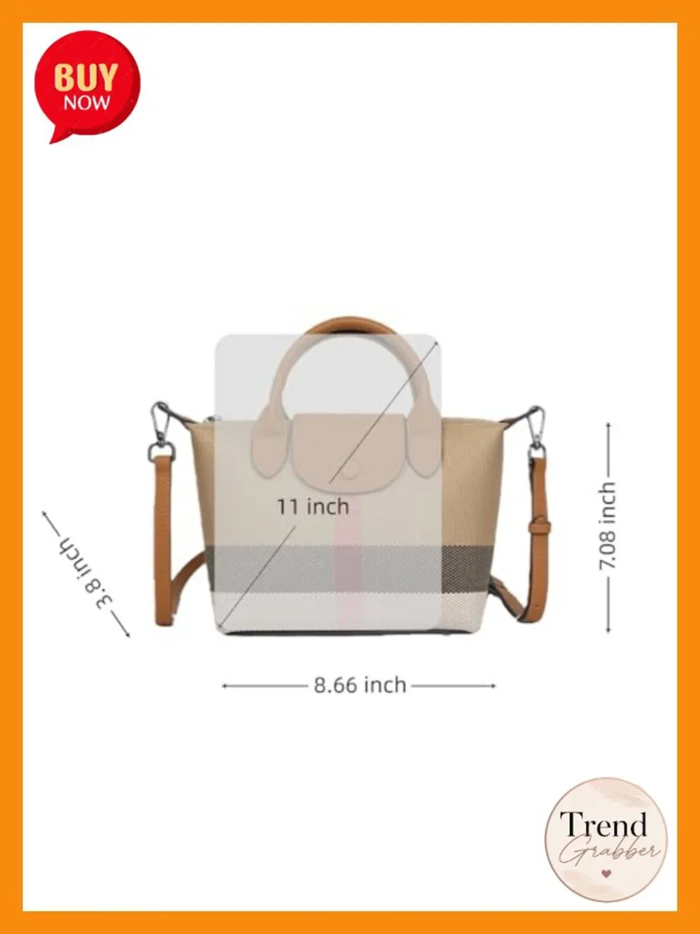 Structured Plaid Canvas Crossbody Satchel with Genuine Leather Trim, Magnetic